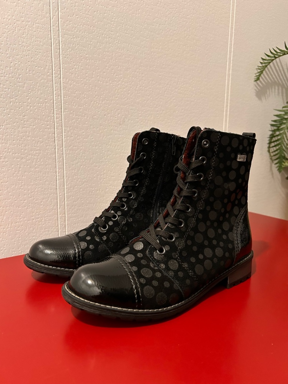 Remonte Largo Black Grey Polka Dot Lace-Up Ankle Boots Size 37